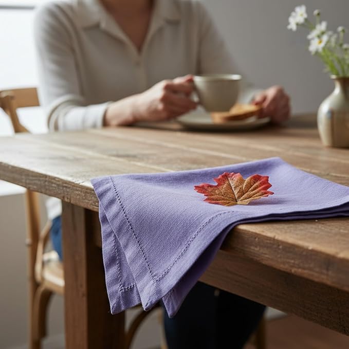 Hemstitched Linen Napkins – 20 Inch x 20 Inch – Stonewashed Pure Linen Cloth Dinner Napkins with Mitered Corners - 100% French Flax – Machine Washable - Set of 4 (Dusty Pastel Purple)