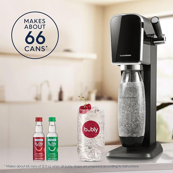 SodaStream - ART Sparkling Water Maker | VALUE BUNDLE | CQC CO2 system | Includes 2x CO2 Cylinders, 2x 32 Fl Oz Dishwasher Safe Bottles, 2x Bubly Flavor Drops | Combine with Pepsi Flavors | Black