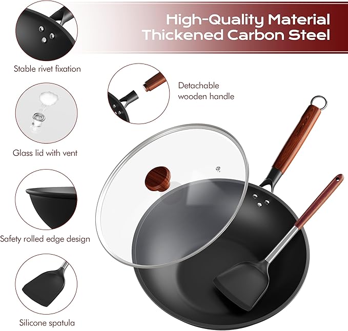 Carbon Steel Wok 13-Inch Wok Pan with Glass Cover Silicone Spatula, Non-Stick Surface Woks & Stir-Fry Pans Pre-Seasoned Chinese Wok Pan for Induction, Electric, Gas Stoves Cooking