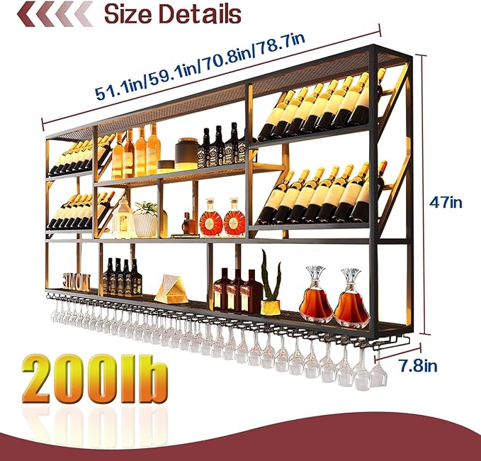 3 Tier Wall Mounted Metal Wine Rack, Modern Industrial Liquor Bottle Display Shelves, Large Bar Shelf with Wine Glass Rack, Black, for Home Kitchen, Dining and Bar (71 in)