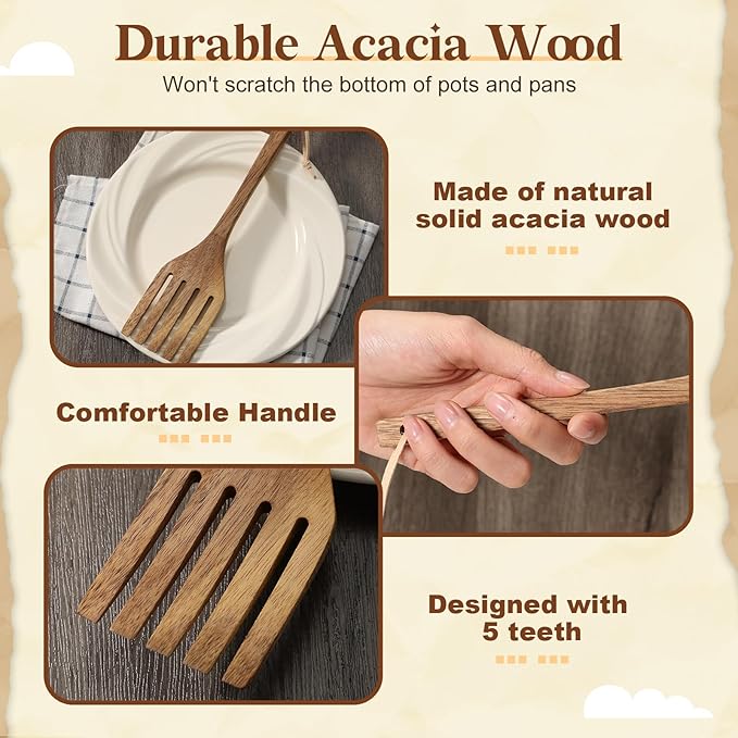 Baderke 10 Inches Acacia Wooden Forks for Cooking Kitchen Baking Tool Five Tines Long Handle Wood Fork for Home Restaurant Kitchen Salad Pasta Grill Tasting Utensils