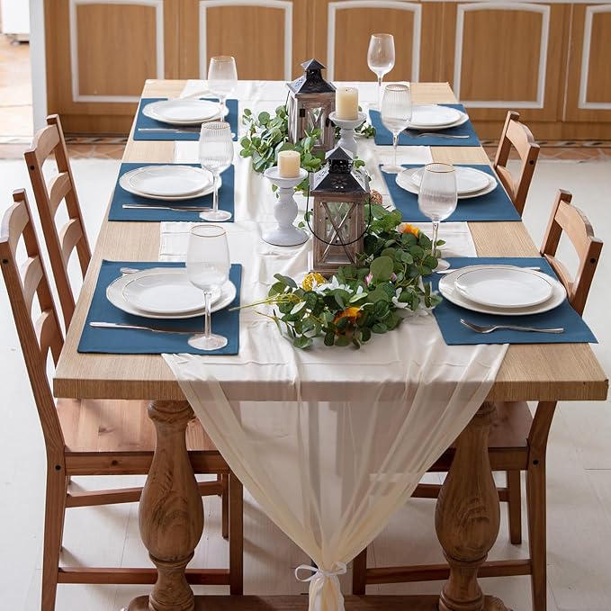 Linen Fabric Placemats Set of 6, Machine Washable, Heat Resistant, Wrinkle Free, Thick Polyester Kitchen Place Mats for Dining Table (Navy Blue)