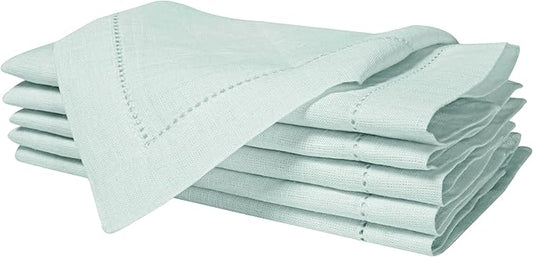 BEDDING CRAFT Set of 4 Hemstitch Pastle Blue Cloth Dinner Napkins 100% Linen - Soft Durable Washable -Ideal for Events Wedding Christmas Thanksgiving Newyear-Perfect Everyday Use Table Linen 18x18.