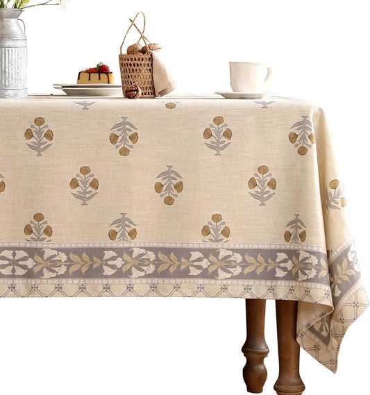 patdrea Designer Beige Tablecloth for Rectangle Tables,Vintage Linen with Yellow Flowers Pattern Tablecloths,Rustic Floral Table Cover Cloth Decor for Kitchen Dining Christmas,63"*87"