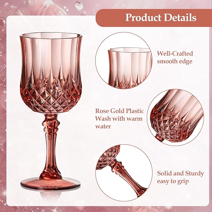 XUWAIDSGN 7oz Plastic Vintage Rose Gold Drinking Glasses Pink Wine Glasses Unbreakable Wedding Glassware Crystal Water Goblets Reusable Drinkware Vintage Champagne Flutes (16, Rose Gold)