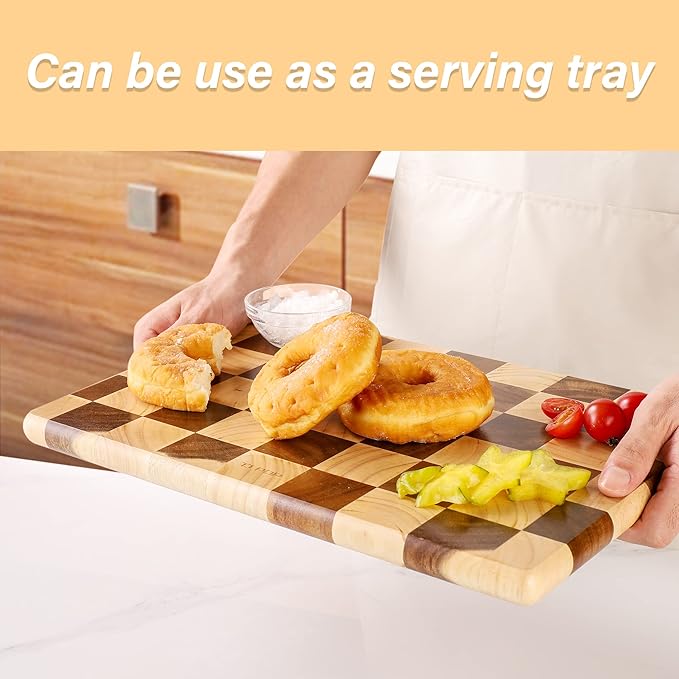 TJ POP End Grain Cutting Board - Heavy Duty Acacia/Rubber Wood For Kitchen, Flippable Serving Board For Meat, Bread & Fruits, Rectangle, 14.5 x 10 x 0.8 Inch