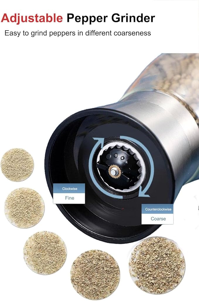 Pepper Grinder Salt Grinder, 8inch Stainless Steel Pepper Mill w/Adjustable Coarseness, Refillable Salt with Funnel, Cleaning Brush, Manual Pepper Grinder for Black Peppercorns