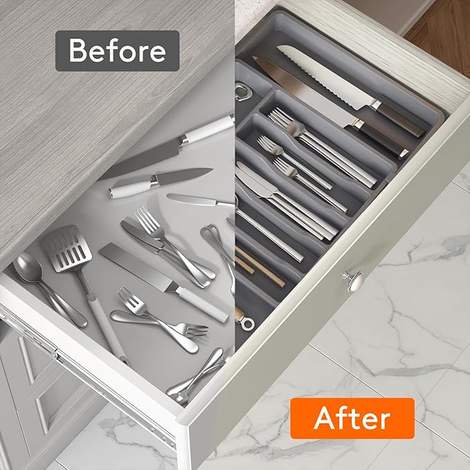 Lifewit Silverware Drawer Organizer, Expandable Utensil Tray for Kitchen, BPA Free Flatware and Cutlery Holder, Adjustable Plastic Storage for Spoons Forks Knives, Large, Dark Gray