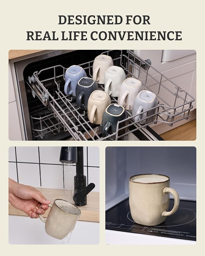 famiware Coffee Mugs Set of 6, Ocean Square 13oz Coffee Cup Set with Handle for Cocoa, Milk, Hot Chocolate, Tea, Water, Stoneware Cups for Kitchen, Microwave and Dishwasher Safe, Light khaki