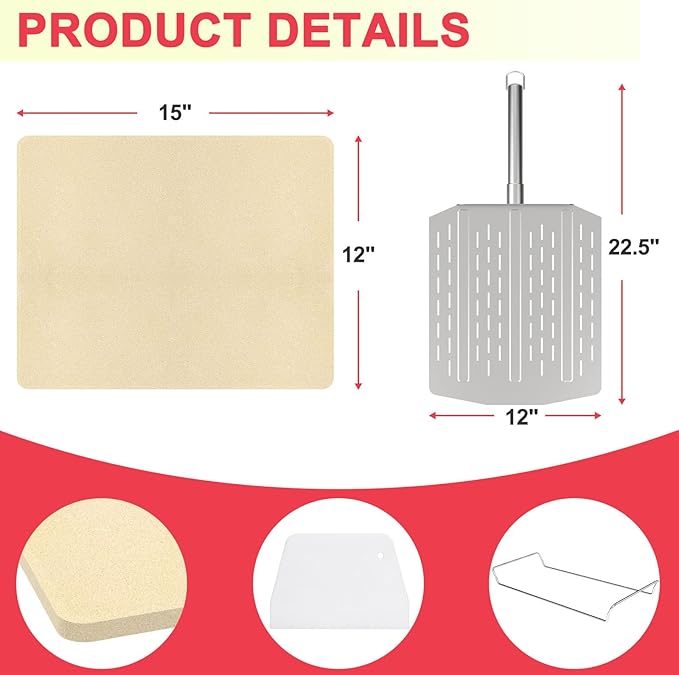 Universal Extra Large Pizza Stone with Rack for Oven, BBQ Grilling, 12" x 15" Natural Cordierite Rectangular Baking Stone Kit with Pizza Peel & Plastic Scraper for Baking Bread, Baking Pizza, Cookies