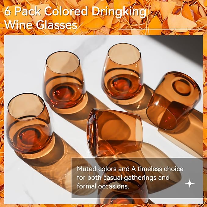 Brown Stemless Wine Glasses Set 6-Colorful Wine Glasses Stemless for Wine water,whiskies, juices, cocktails,Unique Gifts for Mother day Birthday Wedding Party