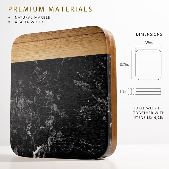 Marble Cheese Board - Acacia Wood Tray With 3-Knife Set - Charcuterie Board for 2-6 People - Great Gift for Weddings, Anniversary & Housewarming Parties - Black