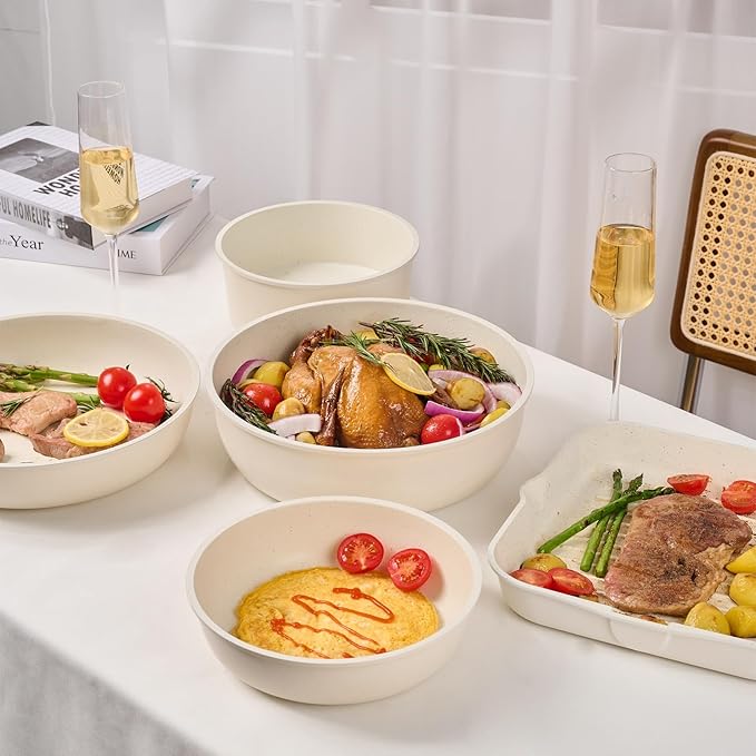 JEETEE Nonstick Pots and Pans Set with Removable/Detackable Handle (Beige, 25 Pieces)