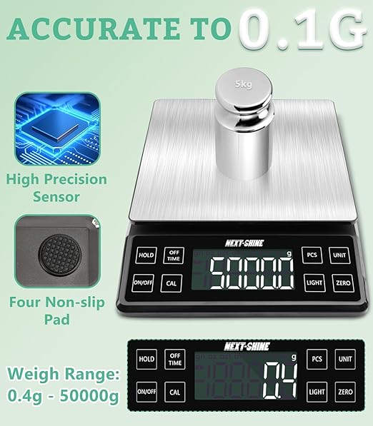 NEXT-SHINE Food Kitchen Scale 11lb, 0.1g/0.01oz Precise Graduation Rechargeable Digital Scale with Nine Units Large Tray Stainless Steel Platform LCD Display for Meal Prep Cooking Baking