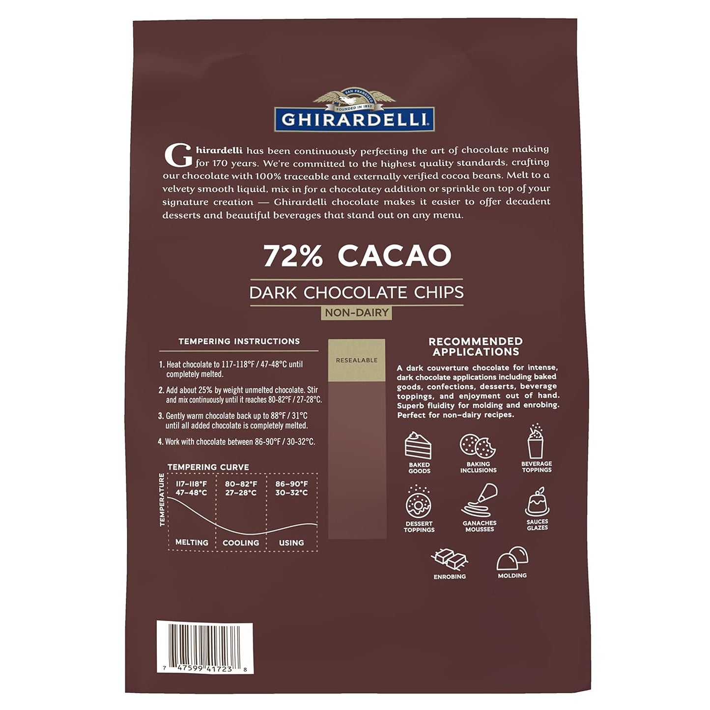 Ghirardelli Chocolate Company 72% Cacao Dark Chocolate Chips, 5lb. Bag (Pack of 1)