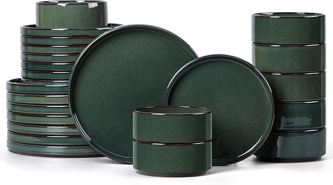 LIANYU Dinnerware Dishes Sets for 8, 24 Piece Stoneware Plates and Bowls Dishware Set, Modern Tableware Includes Ceramic Dinner Salad Plates, Cereal Bowls, Chip & Scratch Resistant, Hunter Green