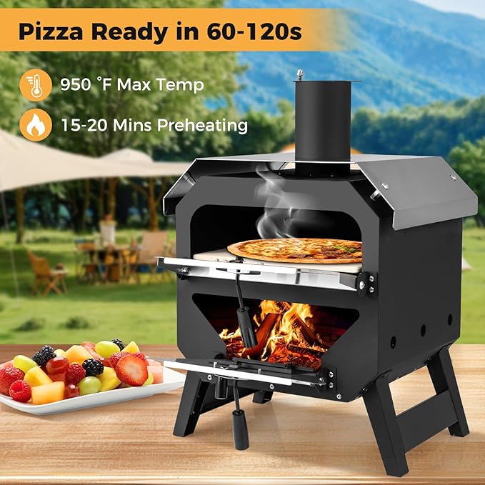 Happygrill Pizza Oven Outdoor, 12” Portable Wood-Fired Pizza Stove with Pizza Stone, Pizza Peel & Oxford Cloth Cover, Multi-Fuel Pizza Maker with Stainless Steel Roof for Patio Backyard Camping BBQ