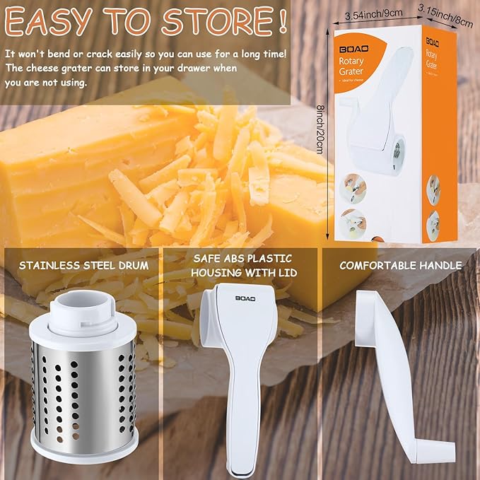 Boao Rotary Cheese Grater Manual Handheld Cheese Grater with Stainless Steel Drum for Grating Hard Chocolate Nuts Kitchen Tool Christmas favors(White)