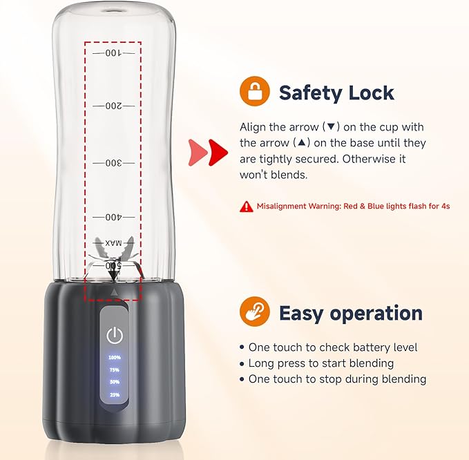 COKUNST 17Oz Portable Blender for Shakes and Smoothies, USB Rechargeable Smoothie Blenders with 6 Blades, Mini Mixer Personal Blender Juicer with Extra Handle Lid for Travel Gym Picnic Office