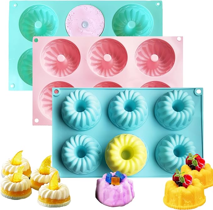 3Pcs Silicone Bundt Cake Pan, 6-Cavity Nonstick Baking Molds,Mini Jello Molds Silicone,Mini Bundt Cake Pans, Cupcake Mold for chocolate, Donut, Jelly