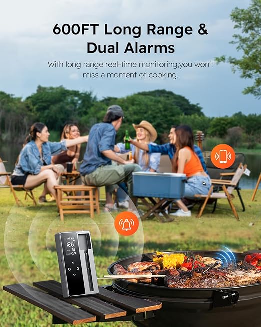 Smart Wireless Meat Thermometer with Ultra-Thin Probe, Digital Food Thermometer 0.5S Instant Read, 600FT Bluetooth Range Real-Time Monitoring & Smart Alerts for BBQ, Grill, Smoker, Oven, Air Fryer
