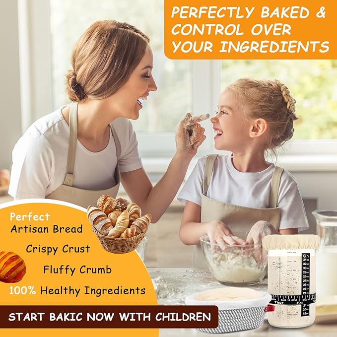 Sourdough Bread Baking Supplies Kit, 10" Oval & 9" Round Bread Proofing Basket Set Jar Scraper Scoring Lame Brush Short Danish Whisk, Sourdough Starter Kit Gift for Bread Making (Round & Jar)