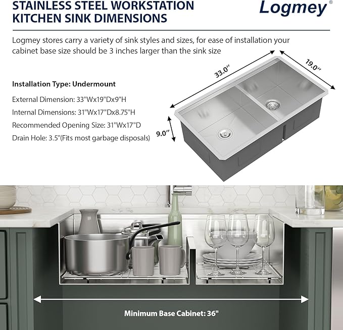 Logmey 33 Inch Double Bowl Undermount Kitchen Sink - 33x19 Workstations Low Divide 60/40 Kitchen Sink 16 Gauge Stainless Steel Sinks 33x19x9 Inches 60 40
