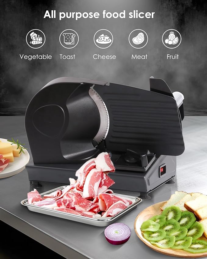 Meat Slicer Machine for Home, Electric Food Slicer with 7.5" Stainless Steel Blade, Adjustable Thickness, Easy to Clean, Cuts Meat, Bread, Cheese and Deli, Black