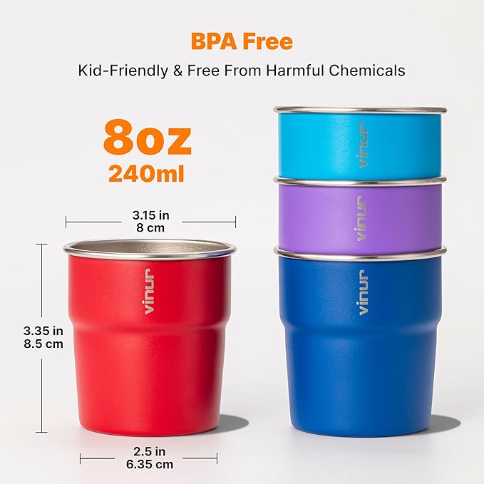 VINUR 8 oz Stainless Steel Cups 4 Pack Tumbler Stackable Metal Drinking Glasses for Travel, Camping, Outdoors (Canyon Red-Sky Blue-Purple-Navy)