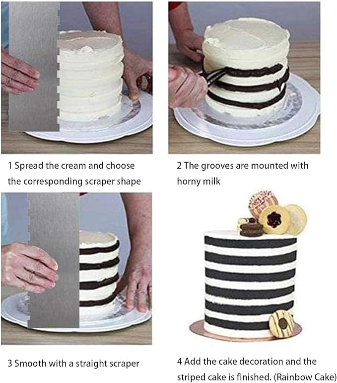 2 Pieces 8.7 Inche Stainless Steel Cake Scraper Double Sided Patterned Edge Stripe Edge Smoother Frosting Scraper Cake Decorating Cake Decorating Comb Cake Scraper For Butter Cream Mousse(2, 2)