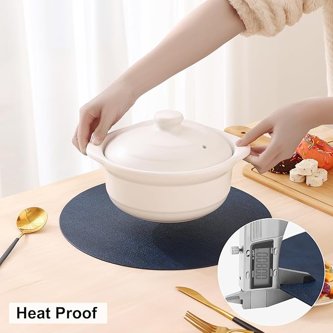 homing Round Faux Leather Placemat and Coaster 6 Packs, Washable Heat Resistant Dining Place Mats, Wipeable Double-Sided Table Mats for Indoor and Outdoor, Diameter 13 and 3.93 inch, Navy