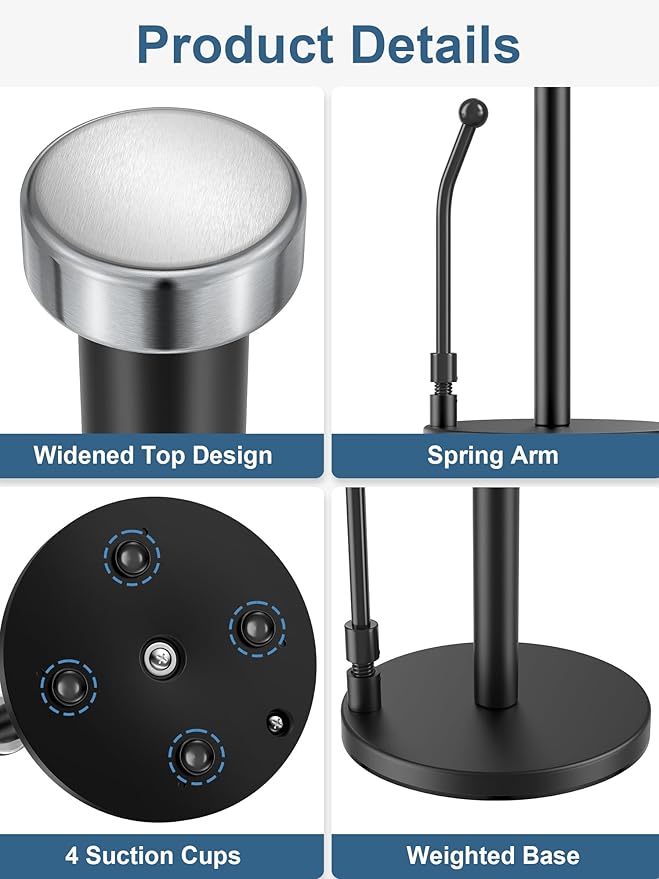 SMARTAKE Paper Towel Holder, Paper Towel Dispenser Standing Weighted Base Non Slip, Spring Arm Fit Most Size Paper Roll, Stainless Steel Paper Towel Holder for Home Kitchen Countertop Tabletop, Black