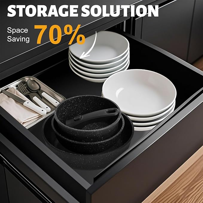 Numola 10 pcs Pots and Pan Set Non Stick with Detachable Handle, Ceramic Cookware Set for Stackable, Induction Kitchen Cookware Set for RV, Dishwasher ＆ Oven Safe, Black