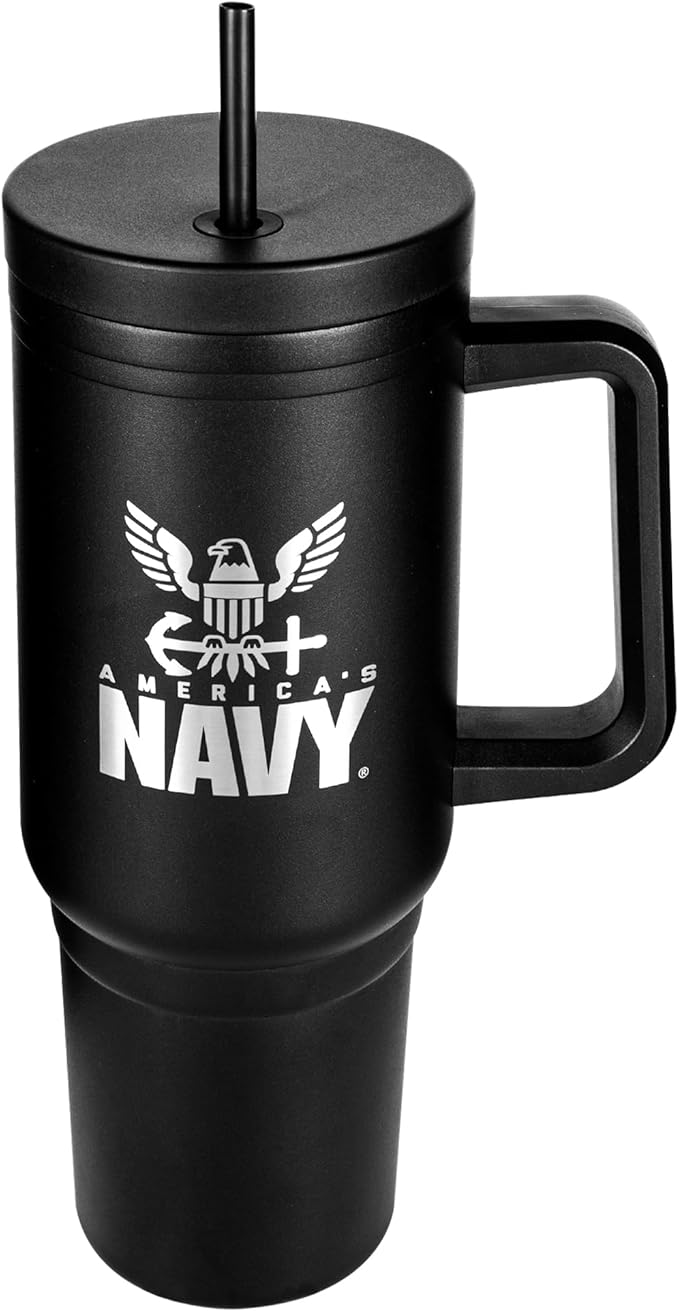 Navy 40oz Insulated Tumbler with Handle, Lid & Straw - USN Gifts - Use for Water, Tea, Coffee -Disabled Vet Owned Small Business-Navy 40oz Tumbler