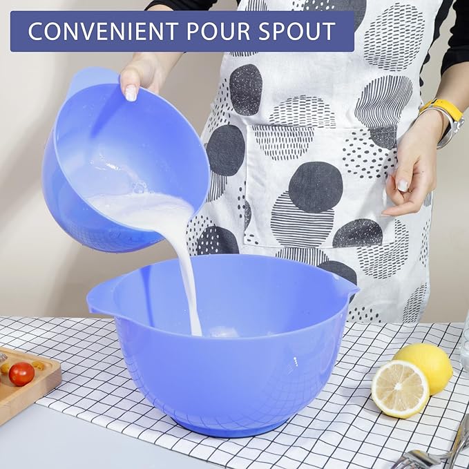 BoxedHome 4 Quart Large Plastic Mixing Bowls, Microwave Safe Mixing Bowl Set with Pour Spout, Nesting Bowls for Space Saving Storage(Violet Blue)