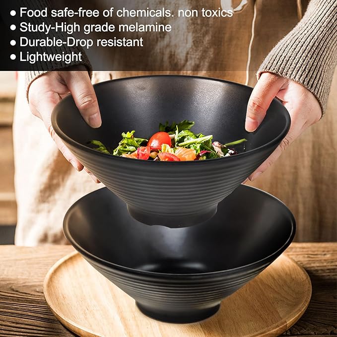 Set of 4 Ramen Bowl Set, Melamine Large Japanese Style Noodle Soup Bowls Set with Spoons and Chopsticks for Ramen, Pho, Noodles, Asian Dishes Black,Large Bowl for Adults| Dishwasher Safe (Black 8.7in)