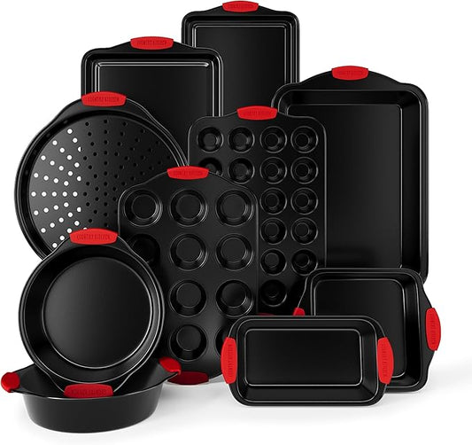 Country Kitchen Nonstick Stackable Bakeware Set - Heavy Duty, Durable, Easy Release Baking Set, Red, 10 Pcs