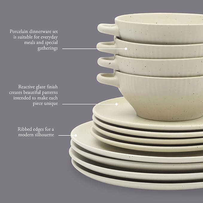 Gibson Elite Clover Hill 12-Piece Stoneware Dinnerware Set – White Cream Embossed Plates and Bowls with Matte Speckled Reactive Glaze, Service for 4 – Microwave & Dishwasher Safe