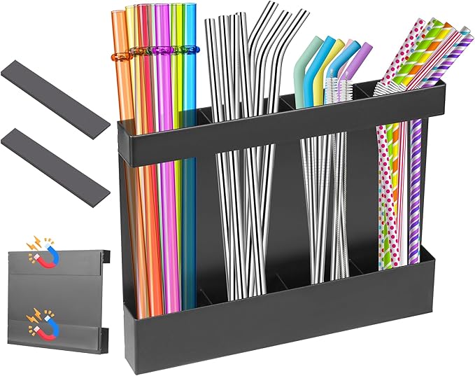 Magnetic Straw Organizer for Cabinet Door – Carbon Steel Straw Holder with Drain Holes, 4-Compartment Utensil Storage Rack for Reusable Straws, Spoons, and Coffee Bar Accessories