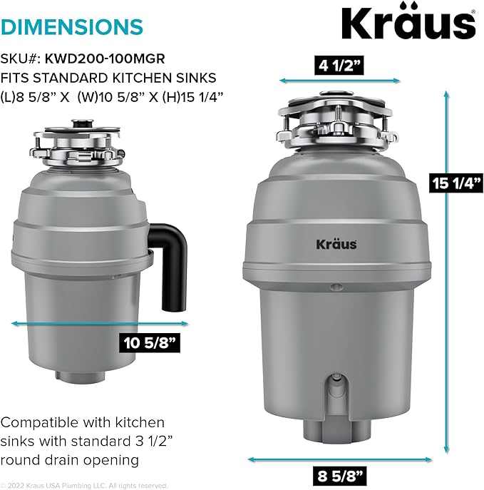 KRAUS WasteGuard High-Speed 1 HP Continuous Feed Ultra-Quiet Motor Garbage Disposal with Power Cord and Flange Included and Universal Mount, KWD200-100MGR