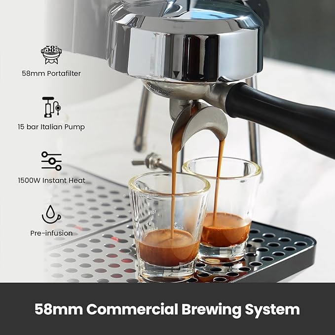 Gemilai Owl Espresso Machine, 15 Bar Professional Semi-Automatic Espresso Maker with Milk Frother Steam Wand & 57oz Removable Water Tank, Dual Display, for Cappuccino, Latte, G3006, Stainless Steel