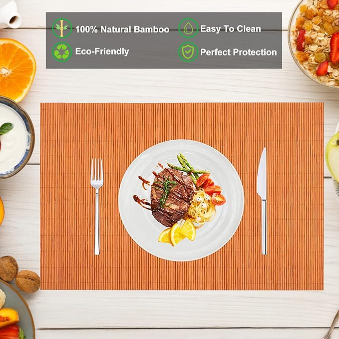 ANDSTAR Non-Slip Waterproof Placemats Set of 6 - Reusable Wipeable Table Mats for Dining Table, Kitchen, Outdoor Picnic, 12x18 Inch PVC Backed Heat Resistant Place Mats Dishwasher Safe（Orange）