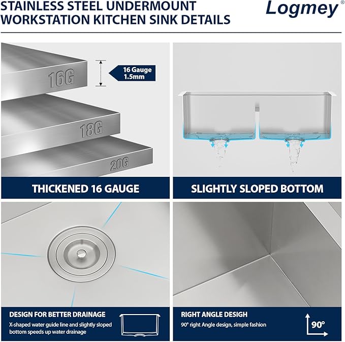 Logmey 33x19x9 Inch Double Bowl Undermount Stainless Steel Workstation Sink - 50/50 Divide, X-Shaped Drainage