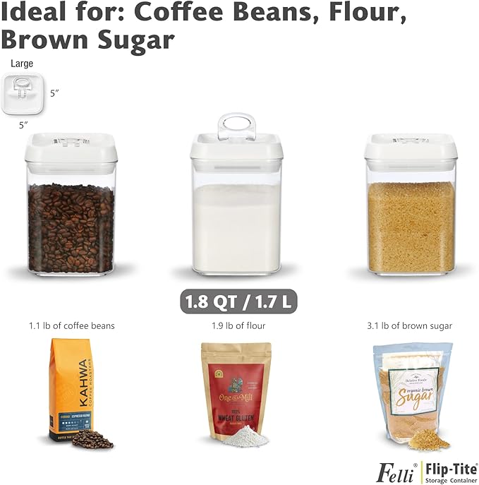 Felli Flip Tite Storage Container with Built-In Spoon & Airtight Lid 5” Large-M Ring Flip Top, Stackable Acrylic Canister for Rice Sugar Flour Protein Powder, Kitchen Pantry Organizer (1.8qt)