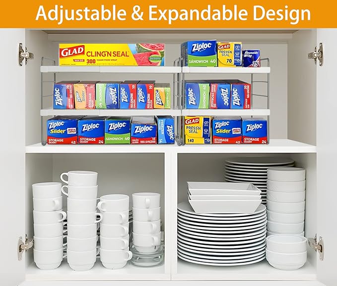 2 Pack Pantry Organization and Storage, Expandable Foil and Plastic Wrap Organizer, Adjustable Kitchen Wrap Organizer Rack for Cabinet, Foil Saran Wrap Holder Shelf for Sandwich Plastic Bags Box,