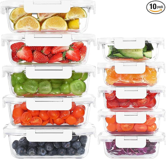 KOMUEE 10 Pack Glass Food Storage Containers, Meal Prep Containers with Lids, Airtight Glass Lunch Boxes, Freezer, Oven, and Microwave Safe, White