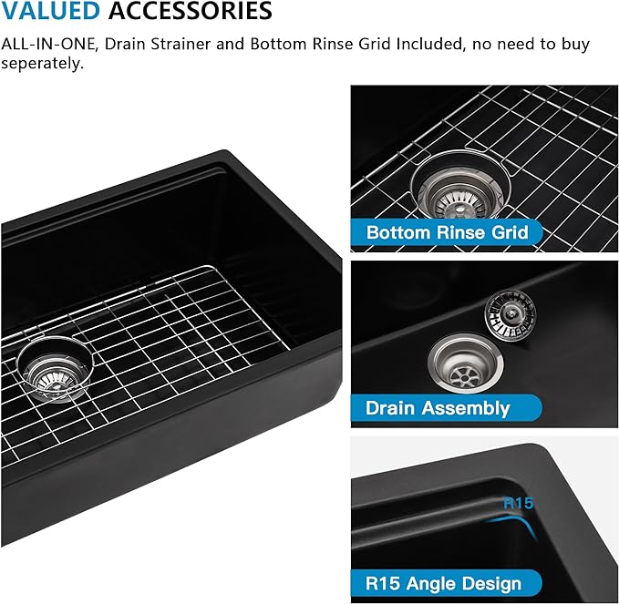 30 Granite Composite Kitchen Sink - Fulorni 30"x20" Granite Black Kitchen Sink Undermount Ledge Workstation Matte Black Quartz Composite Under Counter Single Bowl Sink Basin