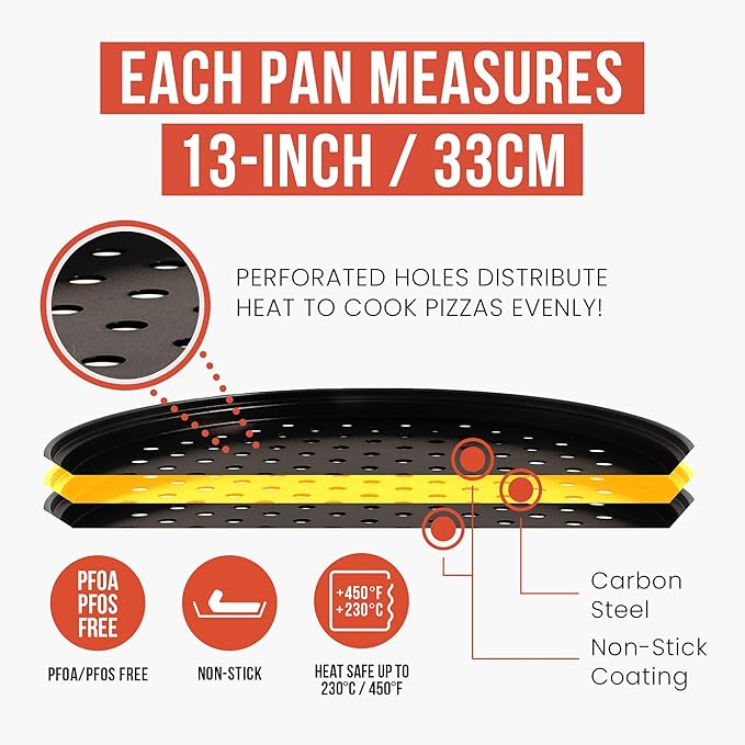 Chef Pomodoro Pizza Baking Set with 3 Pizza Pans & Pizza Rack, 13-Inch, Non-stick Pizza Stand & Pizza Tray for Oven, Grill, Pizza Pan with Holes, Perforated Pizza Pan for Oven, Barbeque
