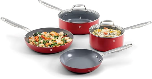 Guy Fieri's Flavortown 6-Piece Ceramic Cookware Set, 8" & 10.2" Frypans, 2QT Saucepan, 3.2QT Sautépan Nonstick, Made without PFAS PTFE PFOA, Oven & Dishwasher Safe, Easy to Clean Everyday Cookware