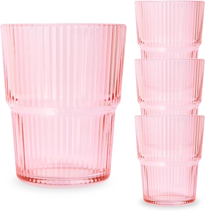Ribbed Drinking Cups Set of 4-14oz Pink Highball Glass, Stackable Vintage Tumblers for Cocktails, Iced Coffee, Juice & Water, Elegant Everyday Glassware